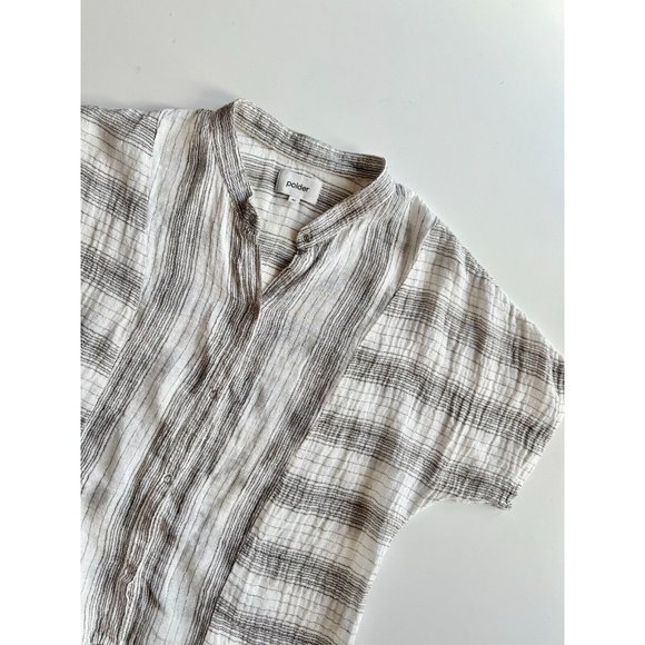 POLDER Spencer White Black Striped Linen Gauze Mandarin Collar Blouse, Size 42 - Picture 8 of 13